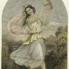Woman in classical attire playing the tambourine.