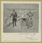 Man and woman pushing a baby carriage walking along the beach, Newport, Rhode Island, ca. 19th century