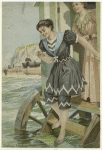 Women stepping from bathing machine into water