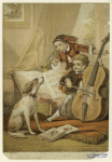 Children playing musical instruments, accompanied by a dog