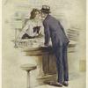 Man and woman kissing each other over a shop counter