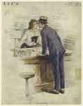 Man and woman kissing each other over a shop counter