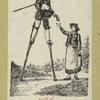 Letter carrier on stilts handing a letter to a woman