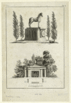 Statue of a horse on an inscribed pedestal ; garden structure with seating