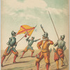 Infanterie de Charles - Quint en 15640. 1. Hallebardier.  2. Alferès ou porte-enseigne.  3. Arquebusier.  4. Piquier
