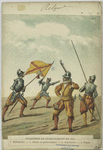 Infanterie de Charles - Quint en 15640. 1. Hallebardier.  2. Alferès ou porte-enseigne.  3. Arquebusier.  4. Piquier