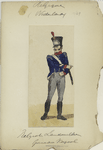 Soldier in uniform : Blue jacket with red and white accents, grey pants