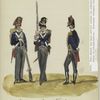 Three soldiers in uniform : Blue jackets with white and gold accents, grey pants