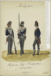 Three soldiers in uniform : Blue jackets with white and gold accents, grey pants