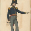 Soldier in uniform : Blue jacket with gold buttons and epaulettes, orange sash and grey pants.