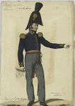 Soldier in uniform : Blue jacket with gold buttons and epaulettes, orange sash and grey pants.