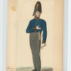 Man in uniform : Royal blue jacket with black and gold accents, grey pants
