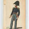 Soldier in uniform : Blue jacket with gold epaulettes and orange trim, grey pants.