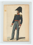 Soldier in uniform : Blue jacket with gold epaulettes and orange trim, grey pants.