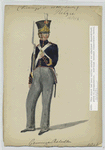 Soldier in uniform : Blue jacket with red and yello accents, grey pants