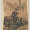 One standing solder, three lounging soldiers in uniform : blue jackets with red epaulettes and grey pants with a red stripe.