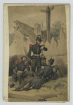 One standing solder, three lounging soldiers in uniform : blue jackets with red epaulettes and grey pants with a red stripe.