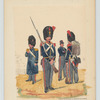 Four soldiers in blue jackets , grey pants with red stripes.