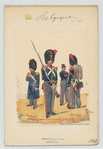 Four soldiers in blue jackets , grey pants with red stripes.