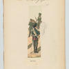 Mounted soldier with a rifle and two standing soldiers in green uniforms with red accents