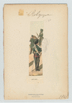 Mounted soldier with a rifle and two standing soldiers in green uniforms with red accents