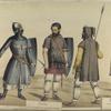 Epoca Gotica Siglos del V al VII. Siervo, loricato y centrato; Siervo, centrato armada de espada y skrama; Siervo, armados de lanzas.