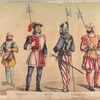 Atambor; Guardia, espanola; Alabardero, armado á la suiza; Lansquenet, aleman. 1496