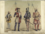 Atambor; Guardia, espanola; Alabardero, armado á la suiza; Lansquenet, aleman. 1496