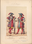 Infanteria de linea. [a] Mosquetero. Tercio de los morados viejos. [b] Arcabucero. Tercio de los colorados viejos. 1680