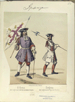 Infanteria de linea: [a] Alferez del regimiento de los morados viejos; [b] Sargento, del regimiento fijo de Sicilia.1718