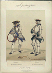 Infanteria de linea. [a] Tambor, del regimiento de Murcia; [b] Pifano, del regimiento de España. 1750-1759