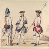 Infanteria de linea. [a] Granadero de regimiento de Toledo; [b] Capitan del regimiento de Castilla; [c] Sargento de regimiento de Galicia. (Años de 1750 à 1759)