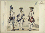 Infanteria de linea. [a] Granadero de regimiento de Toledo; [b] Capitan del regimiento de Castilla; [c] Sargento de regimiento de Galicia. (Años de 1750 à 1759)