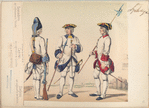 Infanteria de linea. [a] Granadero de regimiento de Toledo; [b] Capitan del regimiento de Castilla; [c] Sargento de regimiento de Galicia. (Años de 1750 à 1759)