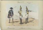 3. Soldado ligero; 1, 2.  Sodados de Linea. (1800)