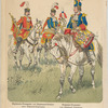 Oesterreich-Ungarn. Spielleute der Reiterrei: Regiments-Trompeter und Regiments-Pauker eines Kürassier-Regiments. Dragoner-Trommler vom Regiment Schönborn. Anfang des 18. Jahrhunderts