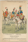 Oesterreich-Ungarn. Spielleute der Reiterrei: Regiments-Trompeter und Regiments-Pauker eines Kürassier-Regiments. Dragoner-Trommler vom Regiment Schönborn. Anfang des 18. Jahrhunderts