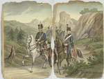 Mounted Hussars guided by an umnounted man with a cane