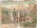 Mounted Hussars guided by an umnounted man with a cane