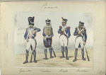 1. Granadero, 2. Fusilero, 3. Sargento, 4. Cazador.  1815