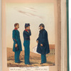 Oficiales y tropa en trage de Cuartel: Cabo 2-o con capote, Soldado con chaqueta interior, Oficial con abrigo. 1853