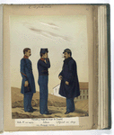 Oficiales y tropa en trage de Cuartel: Cabo 2-o con capote, Soldado con chaqueta interior, Oficial con abrigo. 1853