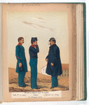 Oficiales y tropa en trage de Cuartel: Cabo 2-o con capote, Soldado con chaqueta interior, Oficial con abrigo. 1853