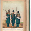 Uniforme de diario: Regimiento de granaderos (Soldado), Batallones de Cazadores (Cabo 2-o), Regimientos de Linea (Soldado distinguido). 1853