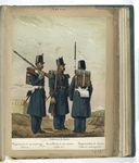 Uniforme de diario: Regimiento de granaderos (Soldado), Batallones de Cazadores (Cabo 2-o), Regimientos de Linea (Soldado distinguido). 1853