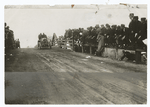 Thomas automobile driven by George Saltzman crossing the railroad bridge on Elliston Road in Westbury.