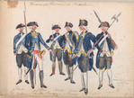 De nieuwe Schutter Burgerij van de Oranje: Schutter, Officier, Schutter, Tamboer, Sergeant, Corporaal. 1787