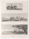 1. Kàravânsérây; 2. Vue de Zaoùyèh; 3. Ná'oùrah [= noria] ou machine à monter l'eau.
