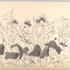 Soldiers with rifles and cannons and officers on horseback moving to the right of the image