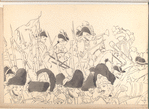 Soldiers with rifles and cannons and officers on horseback moving to the right of the image